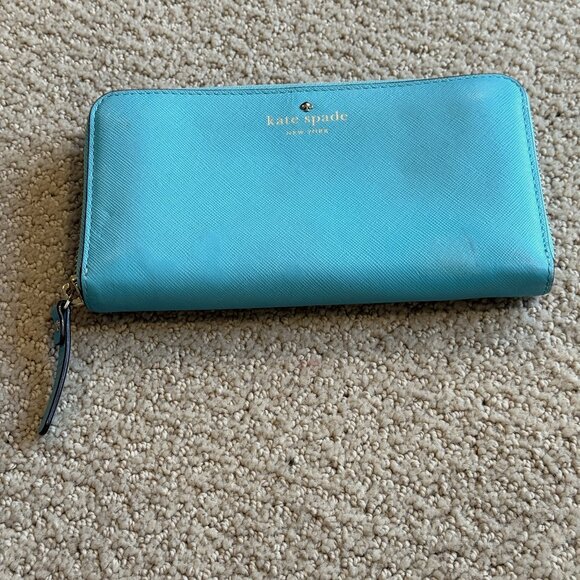 Kate Spade Mikas Pond Lacy Wallet Saffiano Leather  Zip Around Robins Egg Blue - Picture 1 of 16